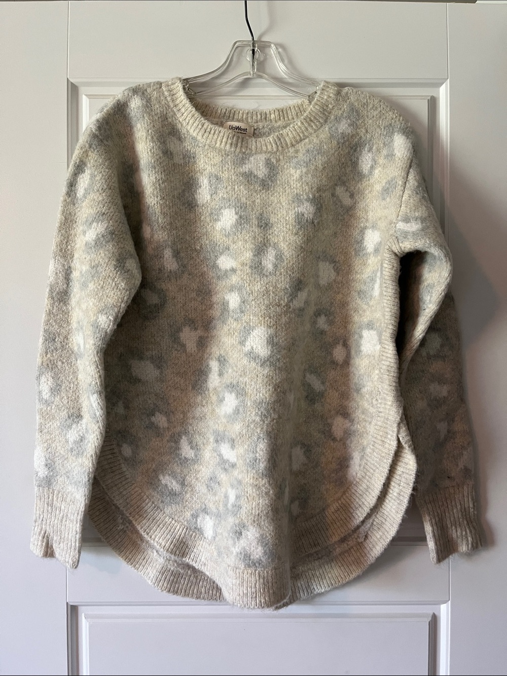 UpWest Cream and Light Gray Leopard-Print Crewneck Sweater